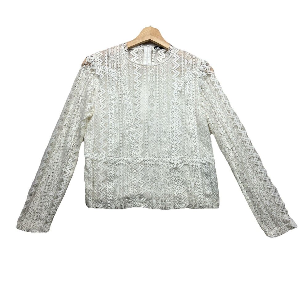 Zara Women's Lace Sheer White Long Sleeve Shirt Blouse Size XS Romantic